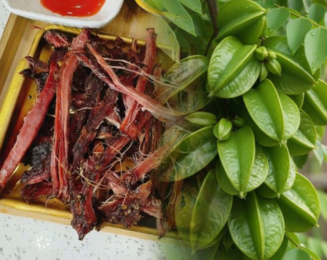 Thịt trâu gác bếp xào với khế Thịt trâu gác bếp xào với khế